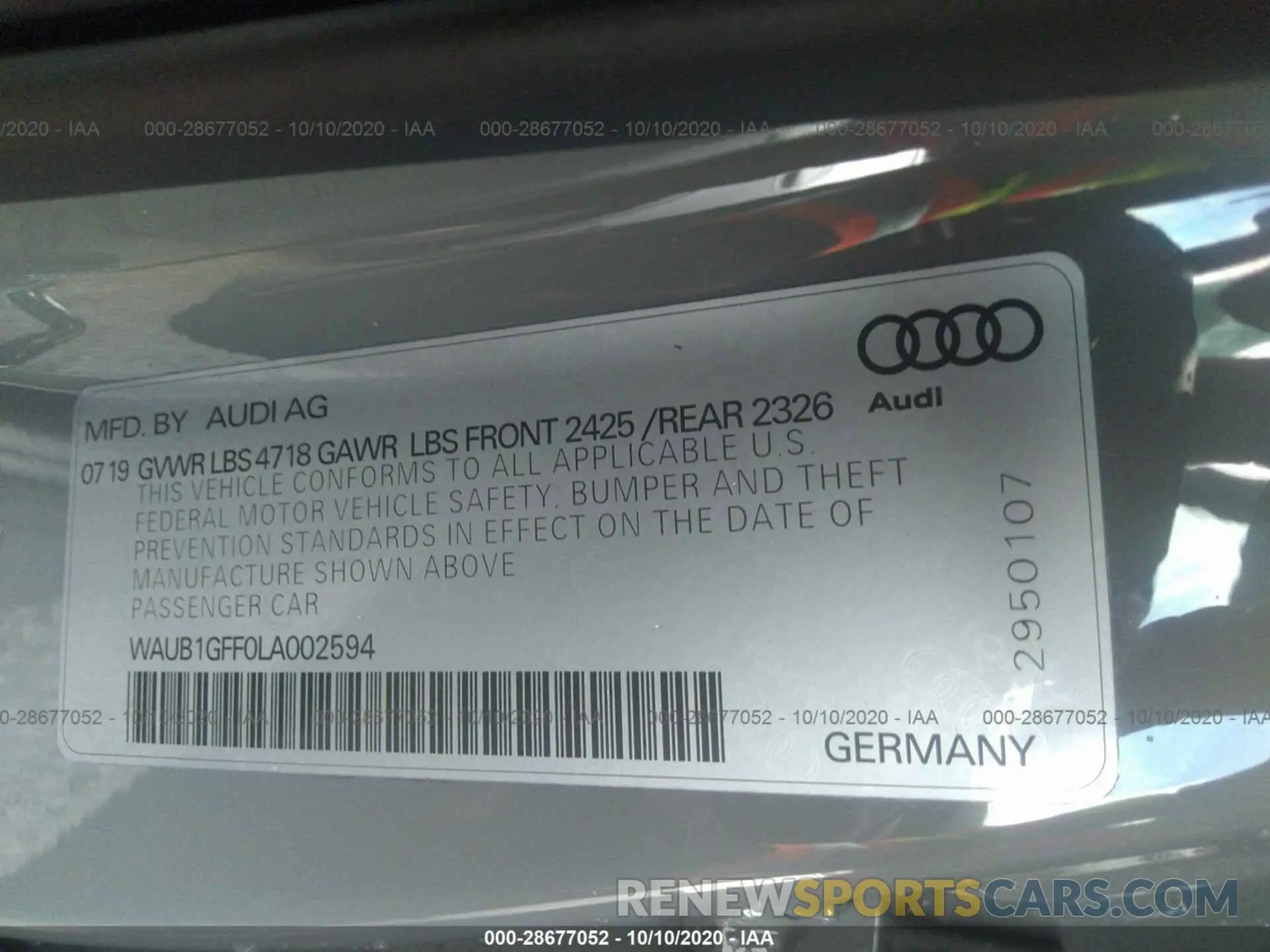 9 Photograph of a damaged car WAUB1GFF0LA002594 AUDI S3 2020