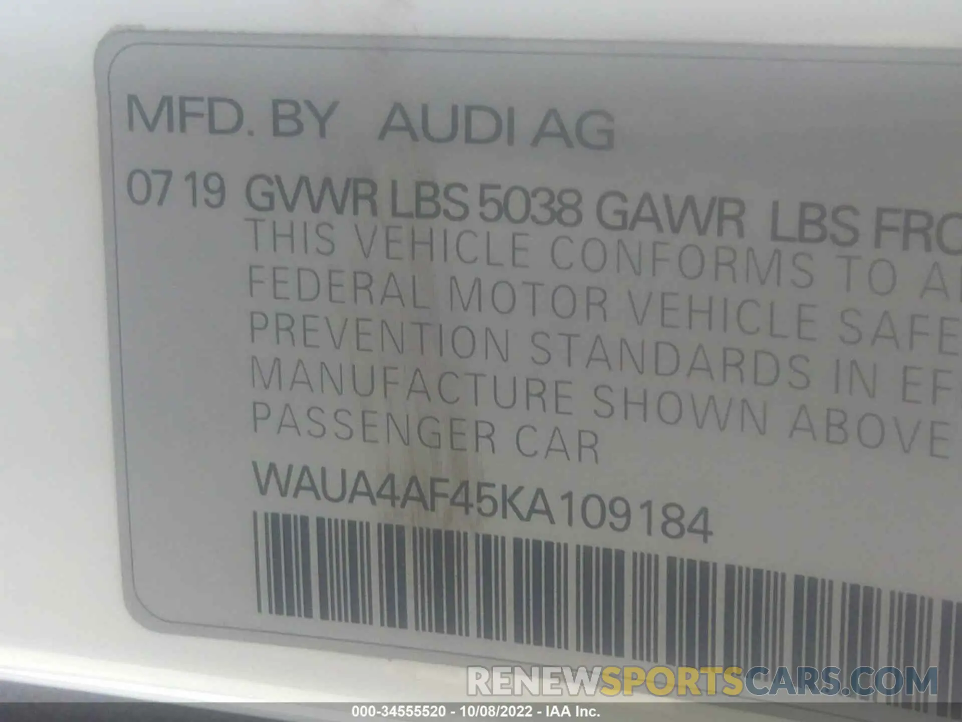 9 Photograph of a damaged car WAUA4AF45KA109184 AUDI S4 2019