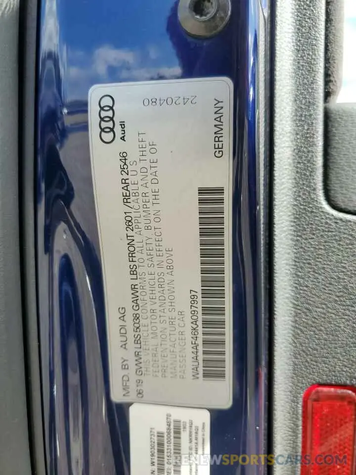 12 Photograph of a damaged car WAUA4AF46KA097997 AUDI S4/RS4 2019