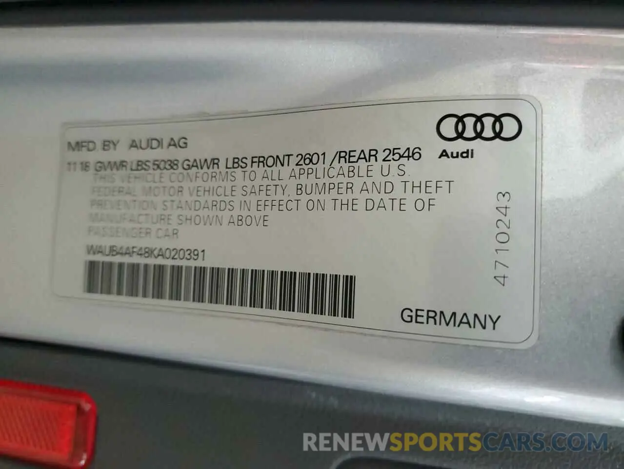 15 Photograph of a damaged car WAUB4AF48KA020391 AUDI S4/RS4 2019