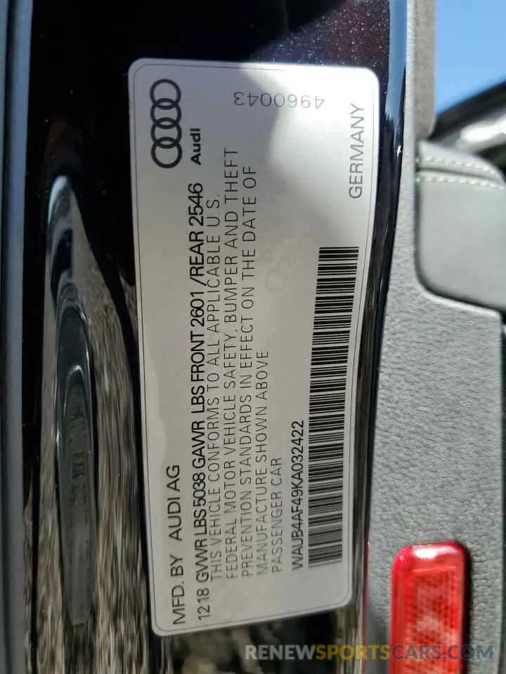 12 Photograph of a damaged car WAUB4AF49KA032422 AUDI S4/RS4 2019