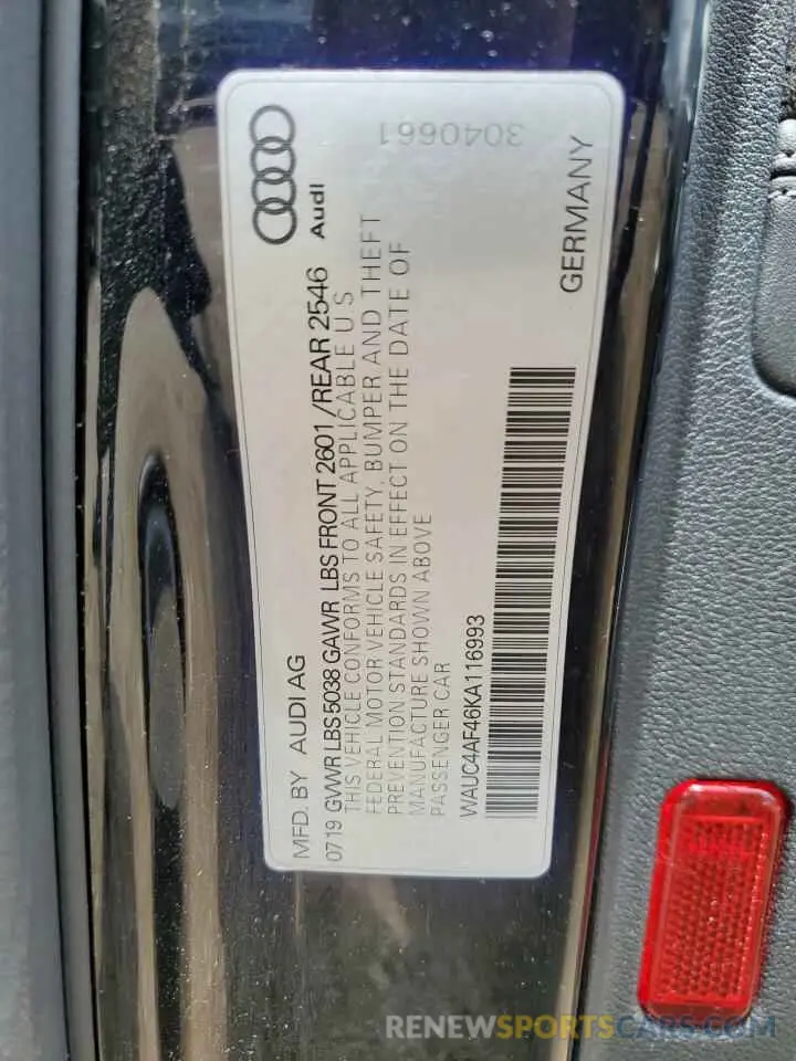 13 Photograph of a damaged car WAUC4AF46KA116993 AUDI S4/RS4 2019