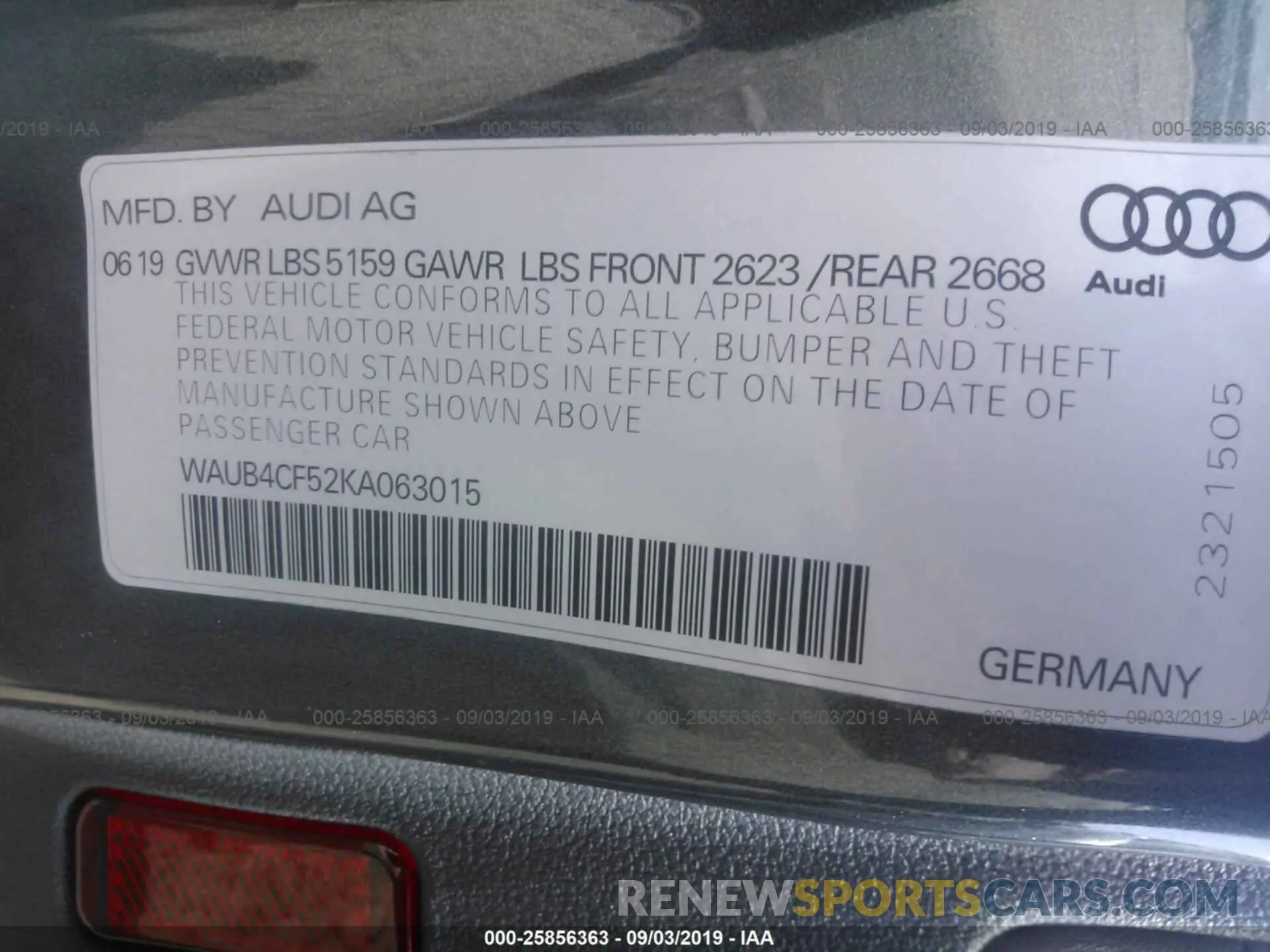 9 Photograph of a damaged car WAUB4CF52KA063015 AUDI S5 2019