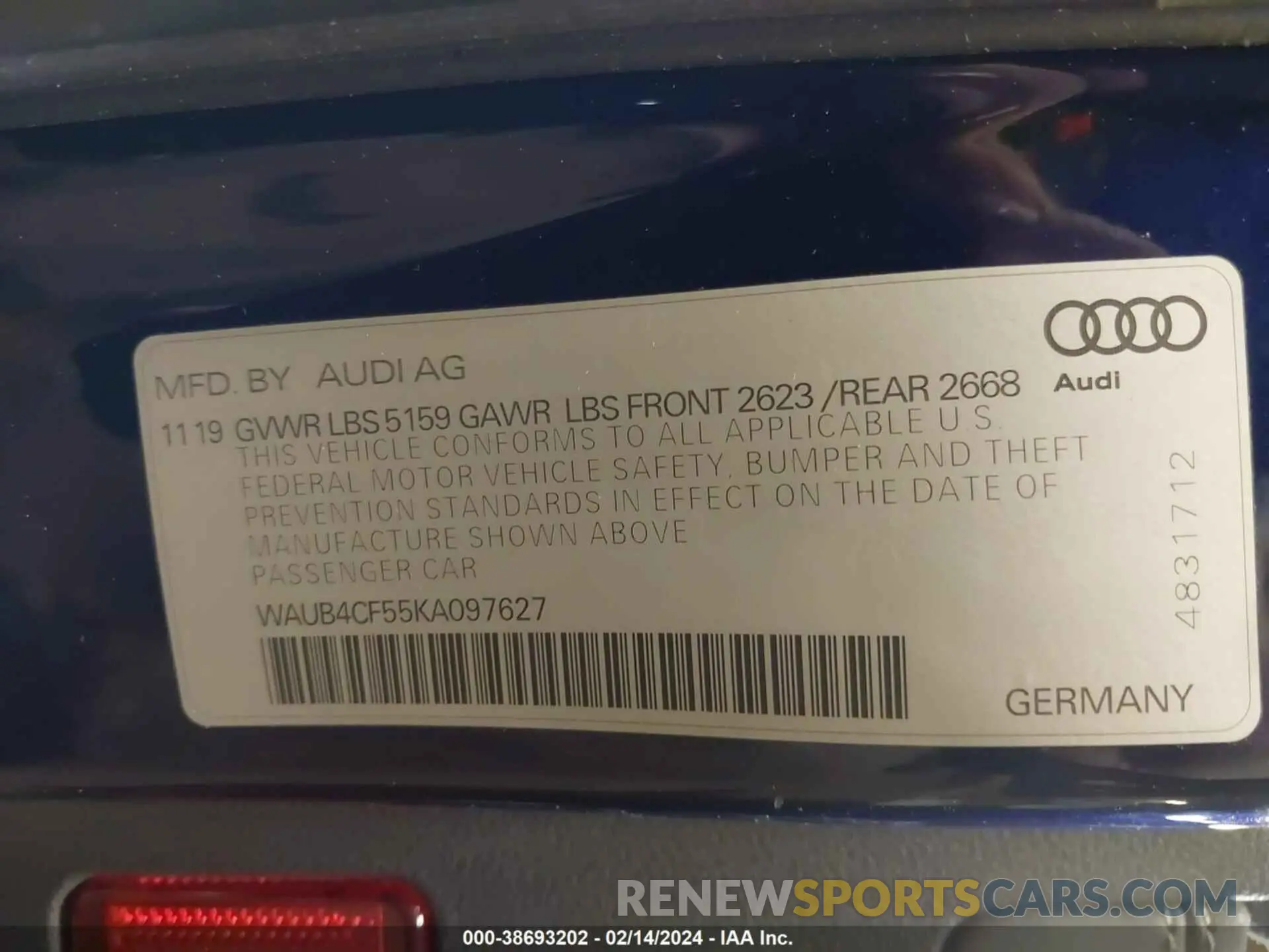 9 Photograph of a damaged car WAUB4CF55KA097627 AUDI S5 2019