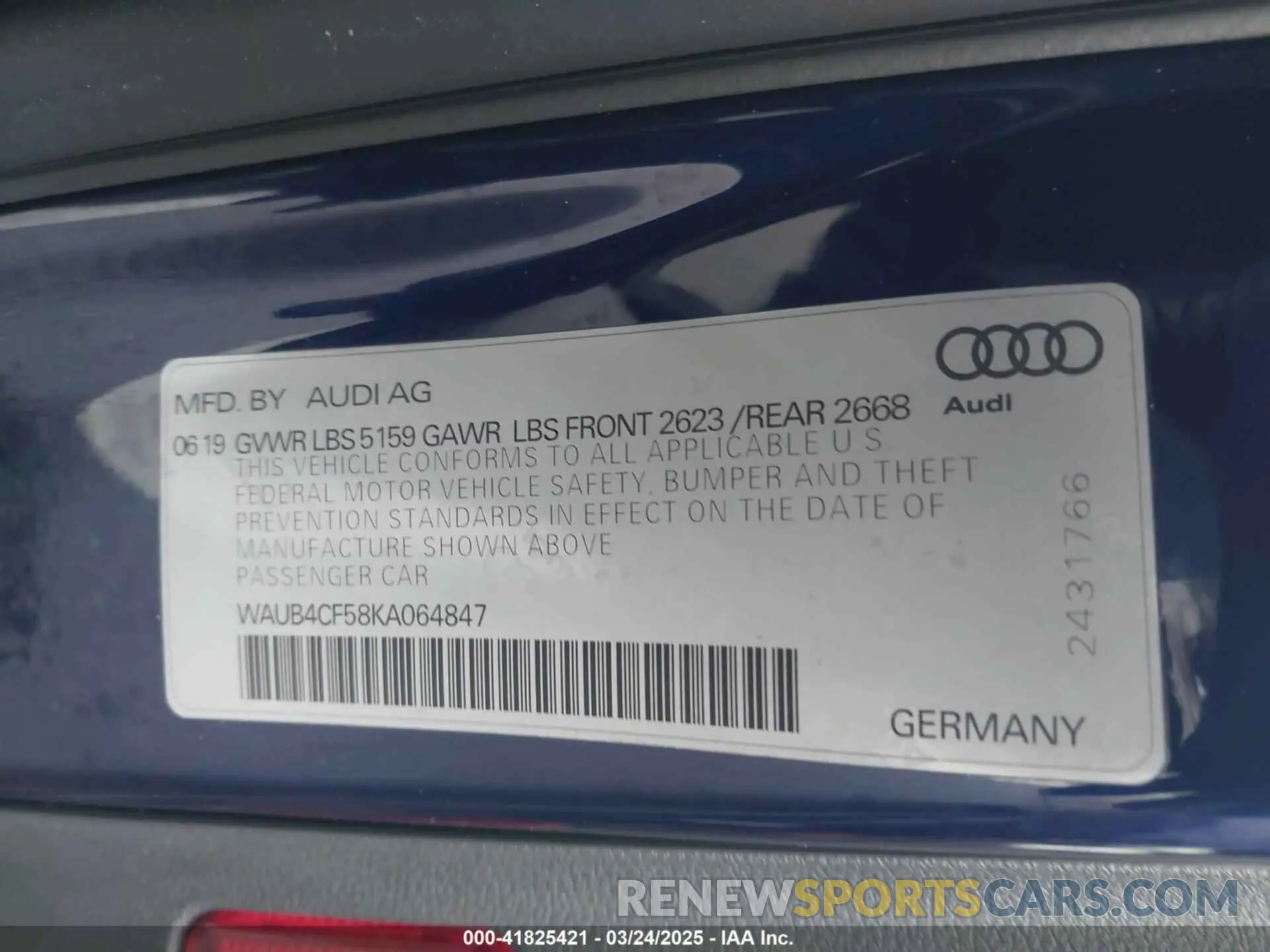 9 Photograph of a damaged car WAUB4CF58KA064847 AUDI S5 2019