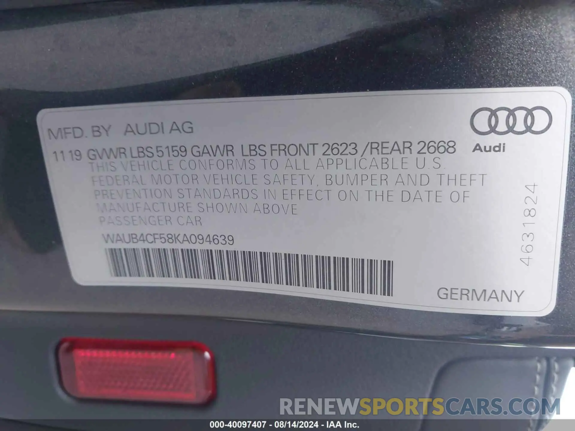 9 Photograph of a damaged car WAUB4CF58KA094639 AUDI S5 2019
