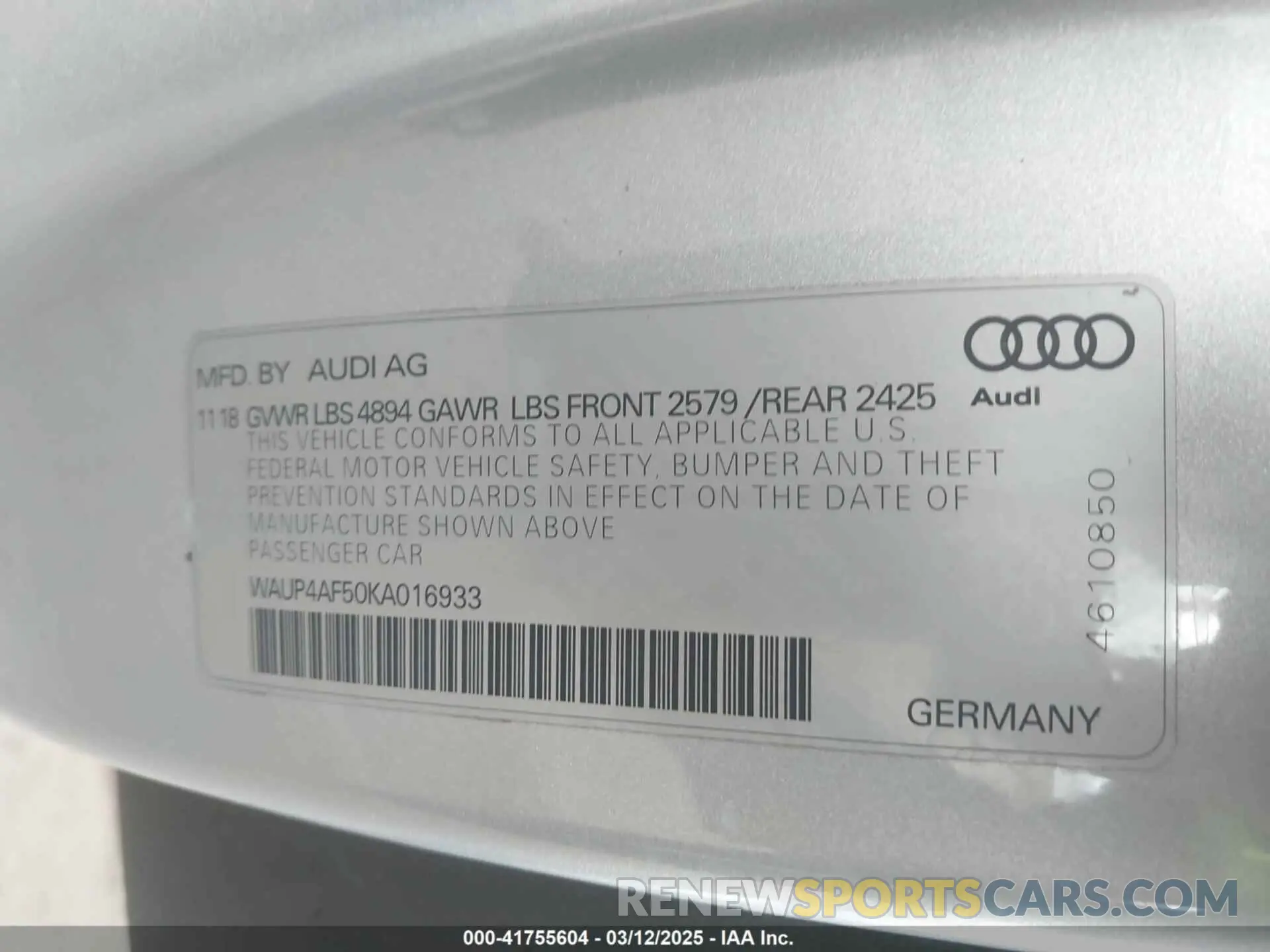 9 Photograph of a damaged car WAUP4AF50KA016933 AUDI S5 2019