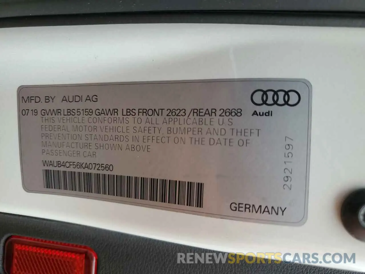 13 Photograph of a damaged car WAUB4CF56KA072560 AUDI S5/RS5 2019