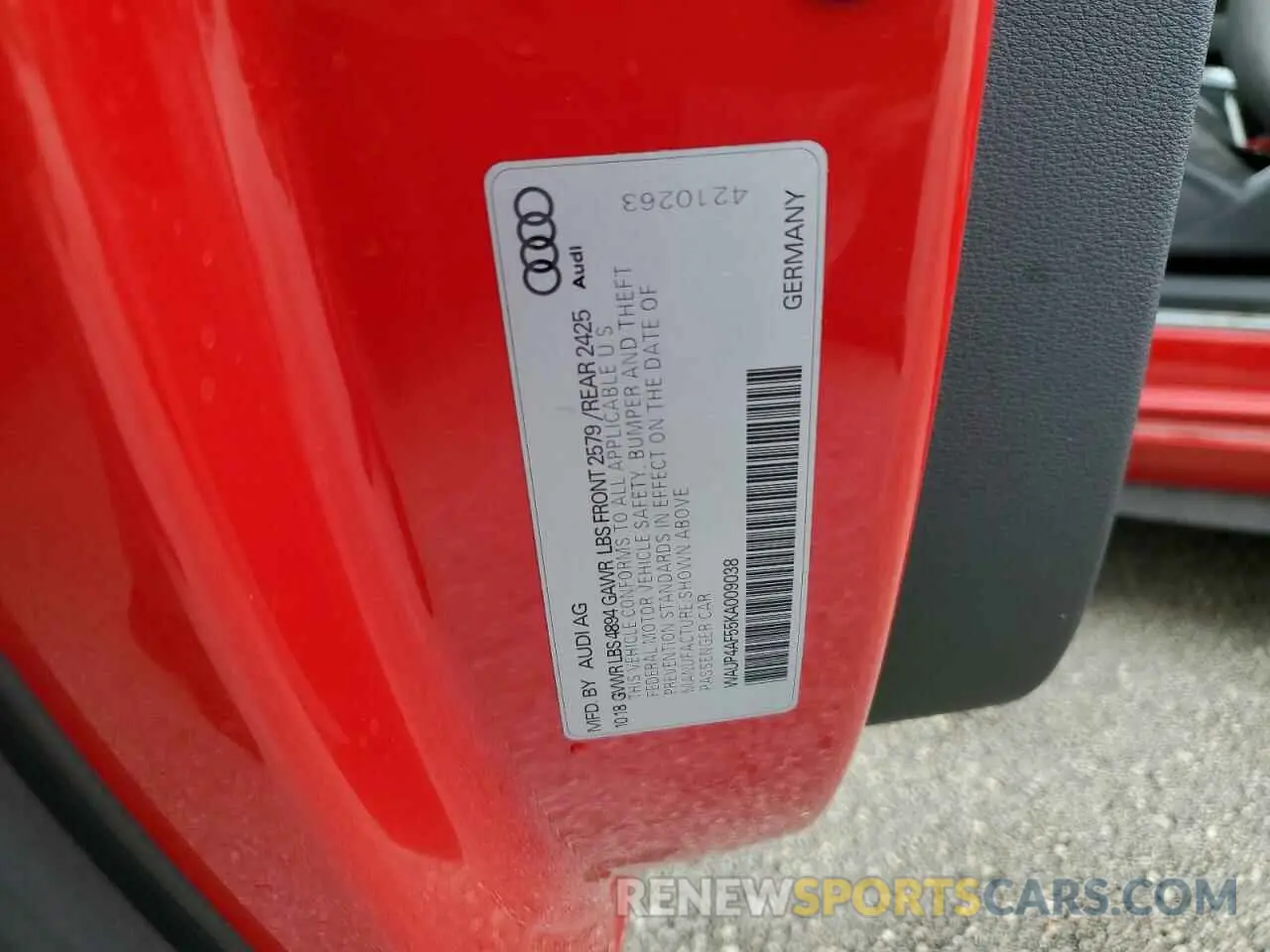 13 Photograph of a damaged car WAUP4AF55KA009038 AUDI S5/RS5 2019