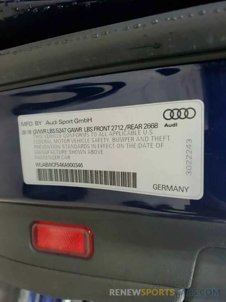 12 Photograph of a damaged car WUABWCF54KA900346 AUDI S5/RS5 2019