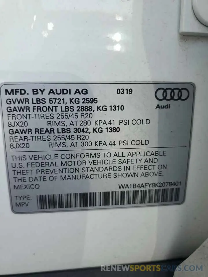 13 Photograph of a damaged car WA1B4AFY8K2078401 AUDI SQ5 2019