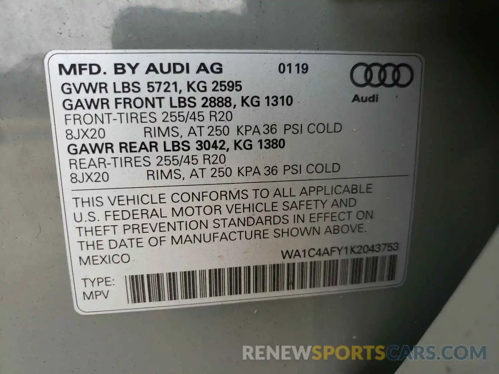 10 Photograph of a damaged car WA1C4AFY1K2043753 AUDI SQ5 2019