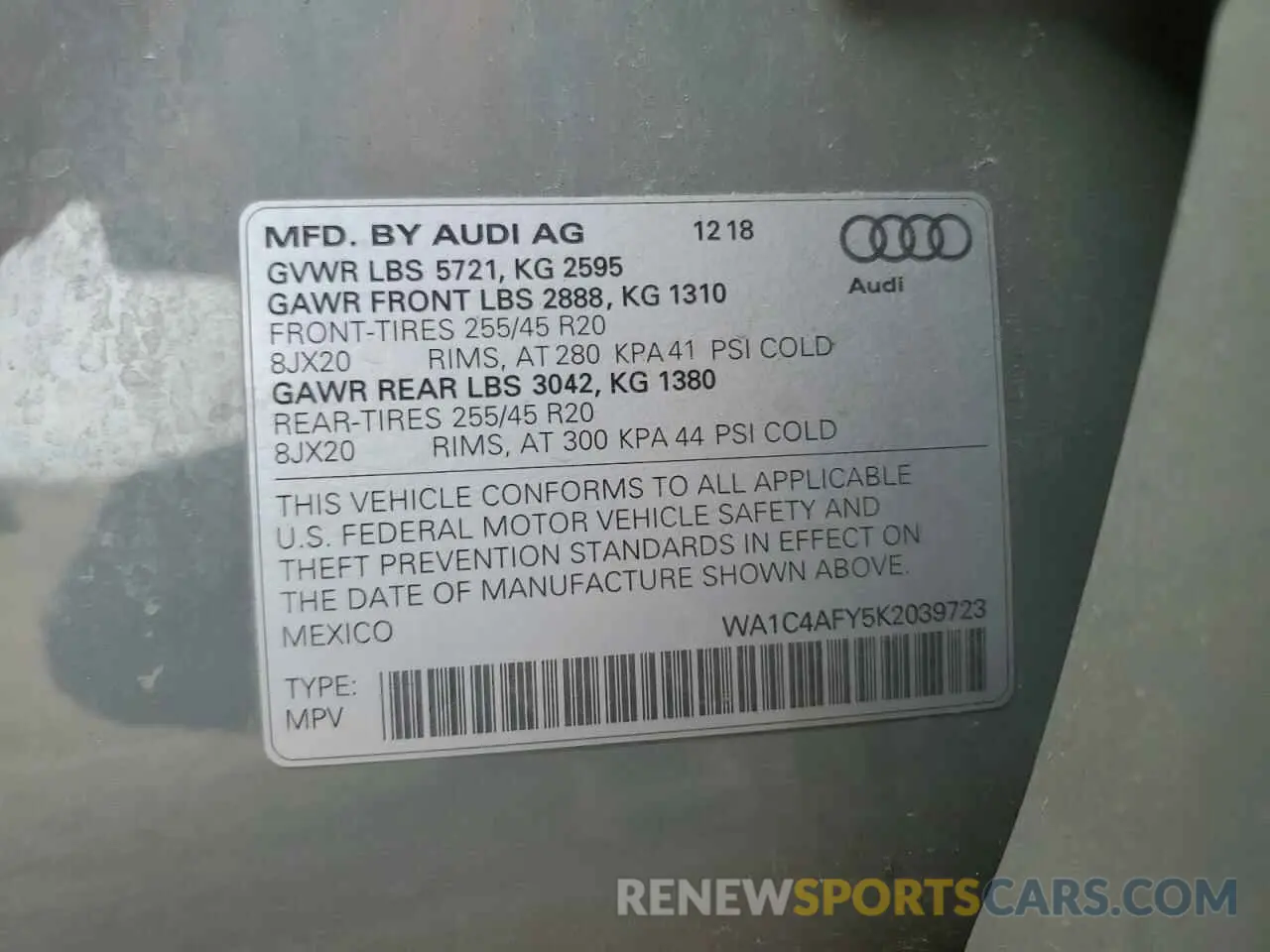 14 Photograph of a damaged car WA1C4AFY5K2039723 AUDI SQ5 2019