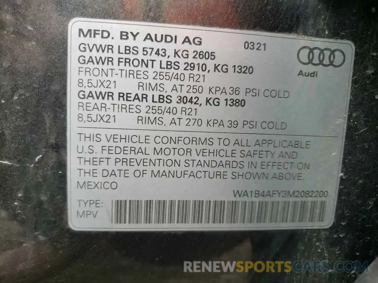 10 Photograph of a damaged car WA1B4AFY3M2082200 AUDI SQ5 2021