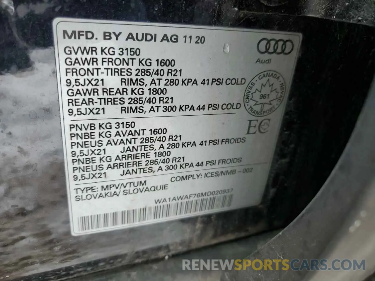 14 Photograph of a damaged car WA1AWAF76MD020937 AUDI SQ7 2021