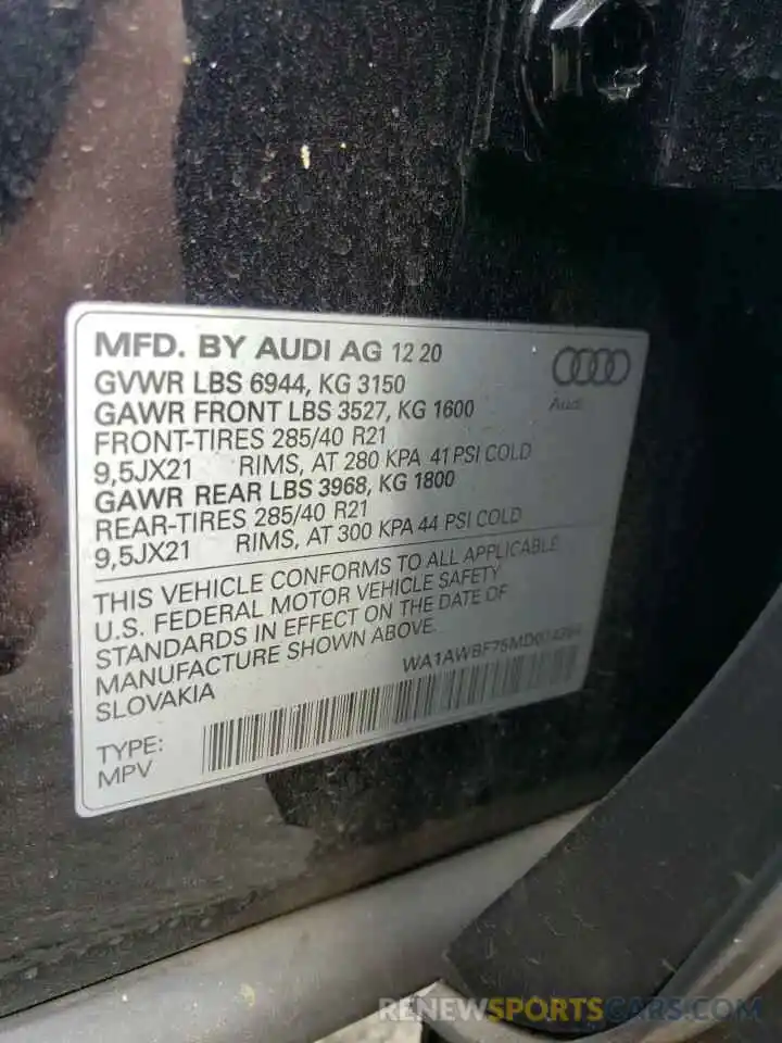 10 Photograph of a damaged car WA1AWBF75MD024354 AUDI SQ7 2021