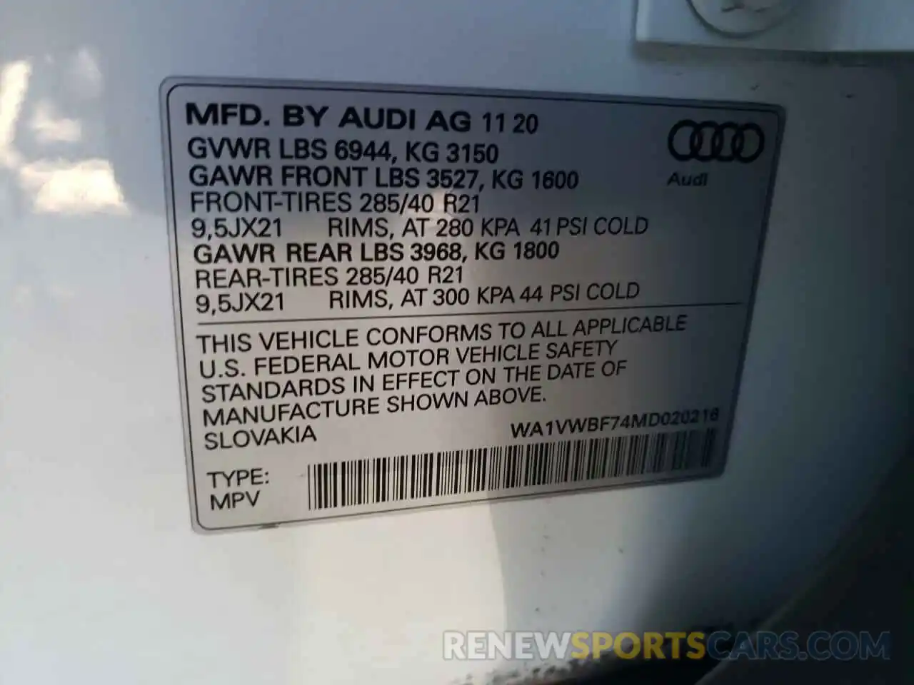 10 Photograph of a damaged car WA1VWBF74MD020216 AUDI SQ7 2021