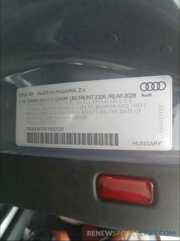10 Photograph of a damaged car TRUAEAFVXK1002520 AUDI TT 2019