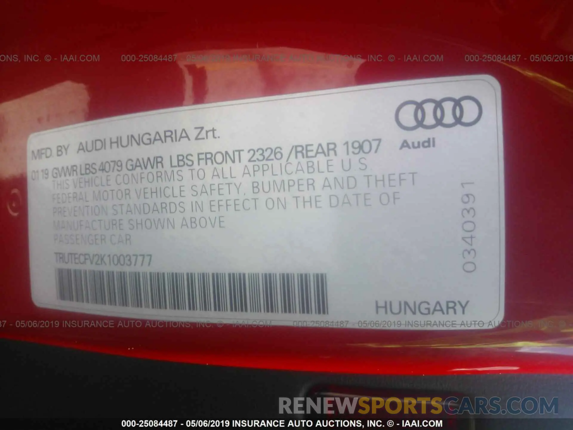 9 Photograph of a damaged car TRUTECFV2K1003777 AUDI TT 2019