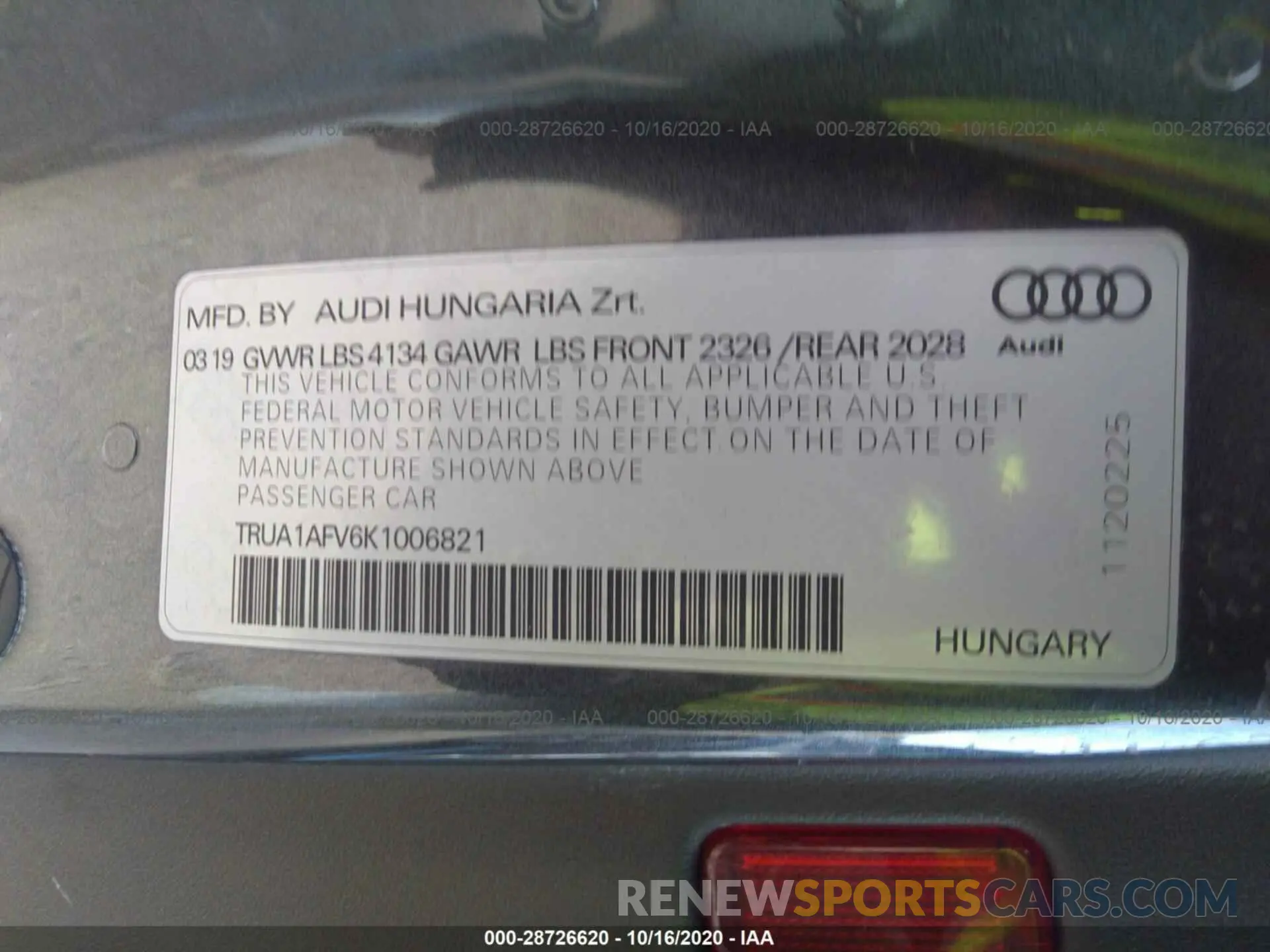 9 Photograph of a damaged car TRUA1AFV6K1006821 AUDI TTS 2019