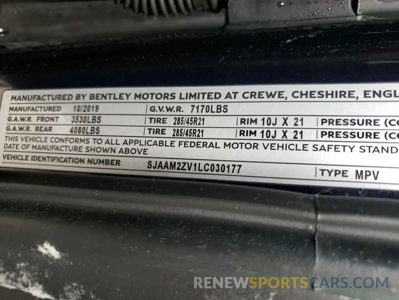 10 Photograph of a damaged car SJAAM2ZV1LC030177 BENTLEY ALL MODELS 2020