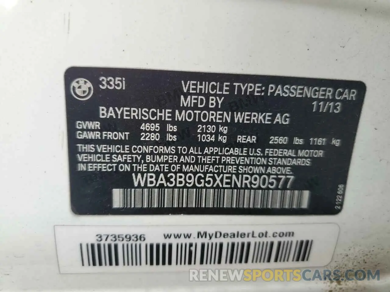 12 Photograph of a damaged car WBA3B9G5XENR90577 BMW 3 SERIES 2014