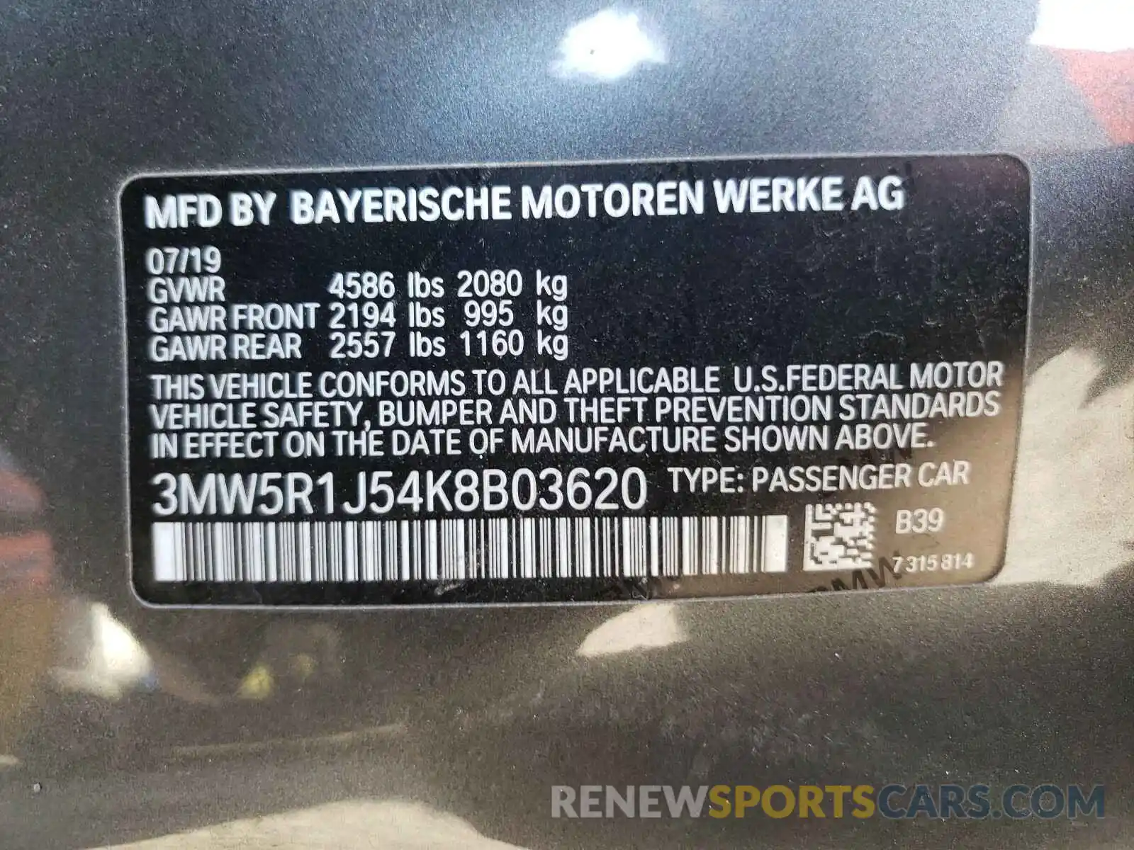 10 Photograph of a damaged car 3MW5R1J54K8B03620 BMW 3 SERIES 2019