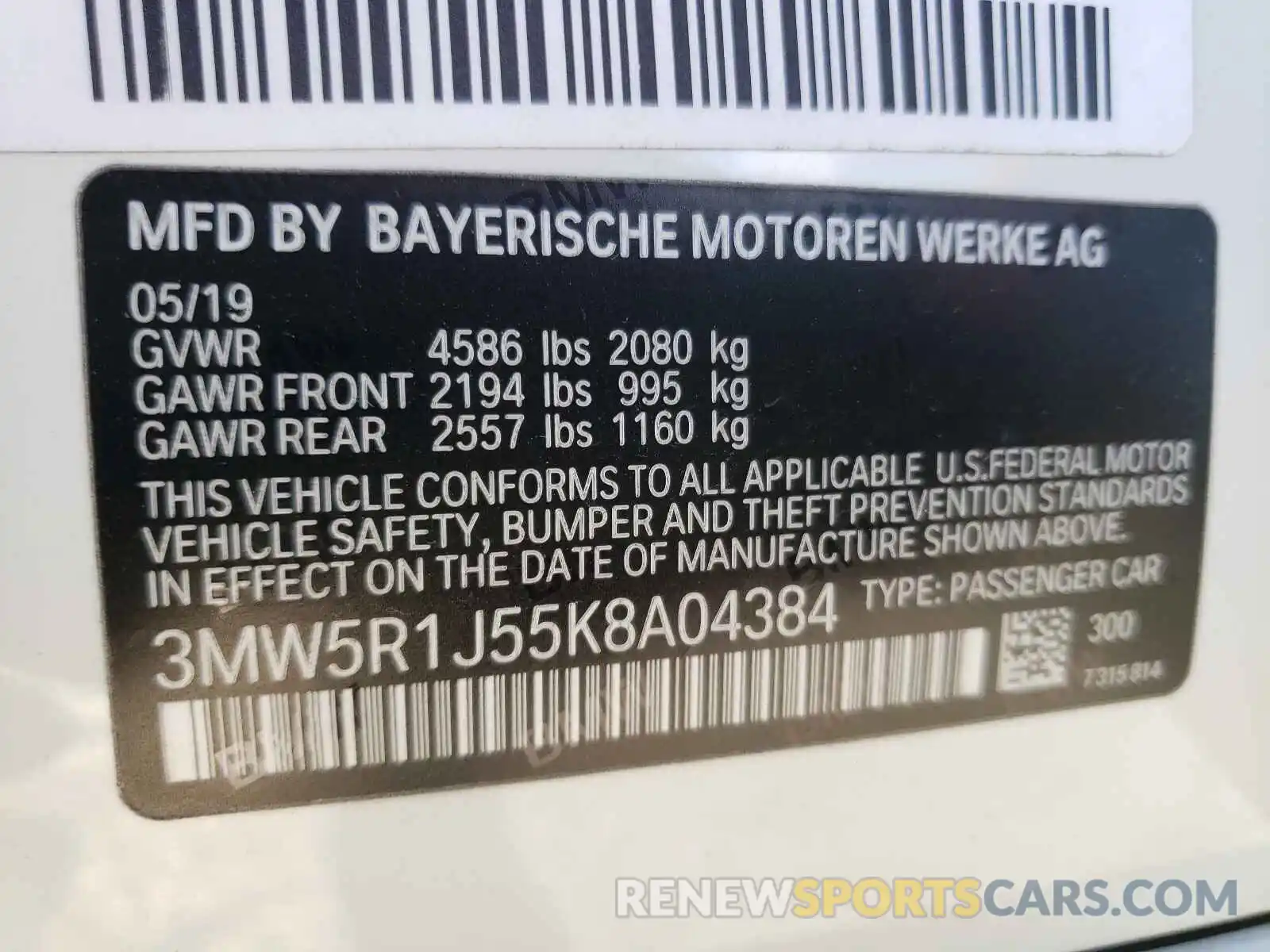 10 Photograph of a damaged car 3MW5R1J55K8A04384 BMW 3 SERIES 2019