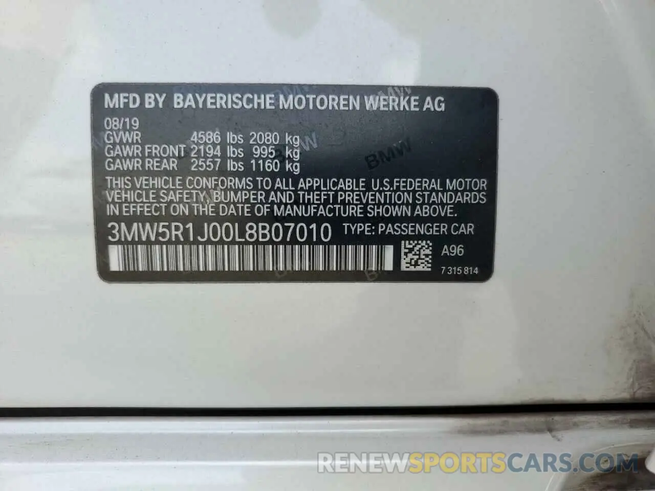 13 Photograph of a damaged car 3MW5R1J00L8B07010 BMW 3 SERIES 2020