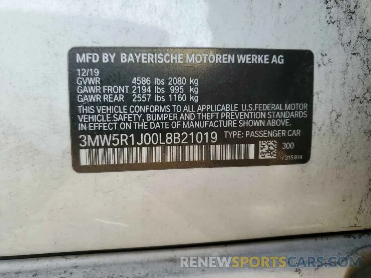 12 Photograph of a damaged car 3MW5R1J00L8B21019 BMW 3 SERIES 2020