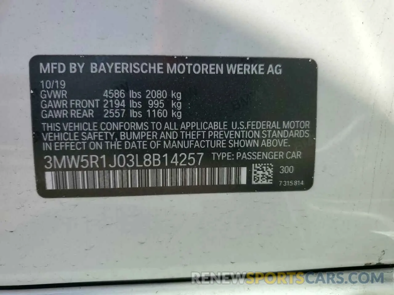 12 Photograph of a damaged car 3MW5R1J03L8B14257 BMW 3 SERIES 2020