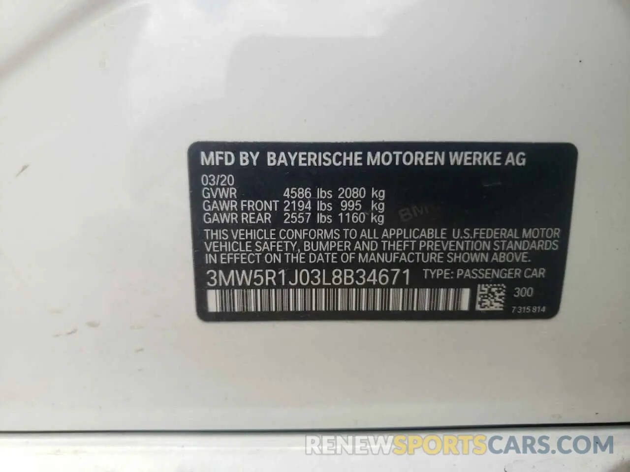 10 Photograph of a damaged car 3MW5R1J03L8B34671 BMW 3 SERIES 2020