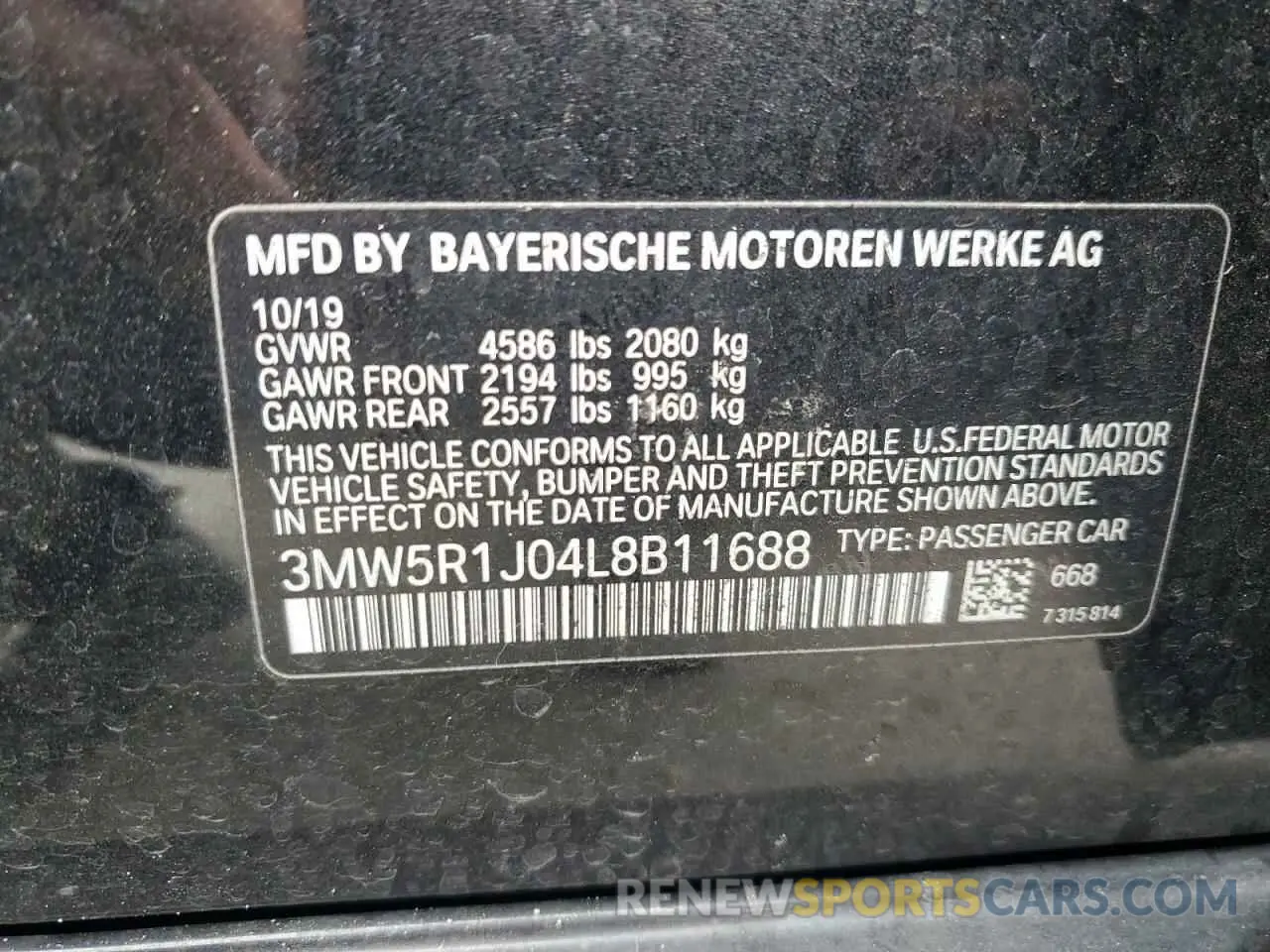12 Photograph of a damaged car 3MW5R1J04L8B11688 BMW 3 SERIES 2020