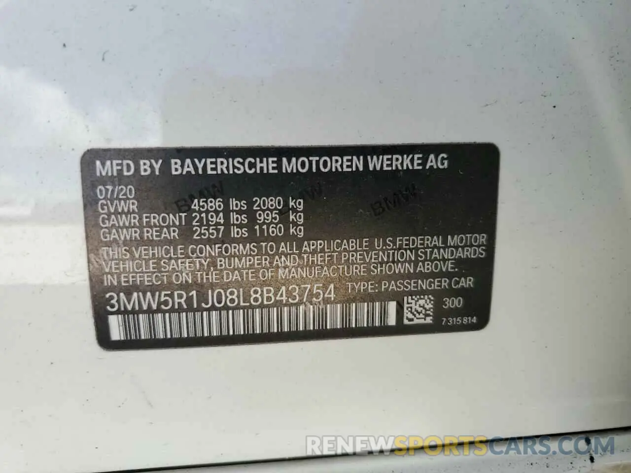 13 Photograph of a damaged car 3MW5R1J08L8B43754 BMW 3 SERIES 2020