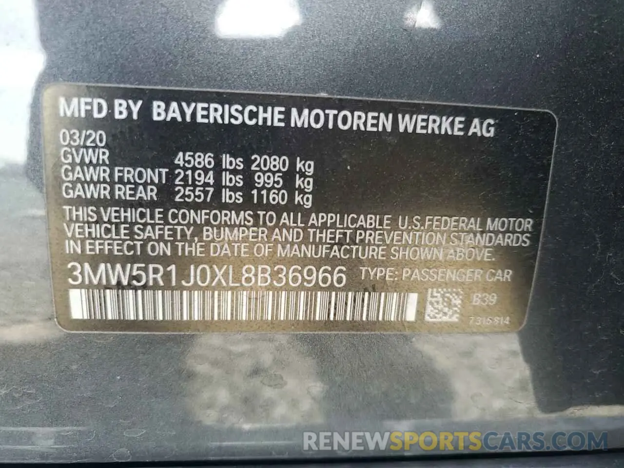 12 Photograph of a damaged car 3MW5R1J0XL8B36966 BMW 3 SERIES 2020