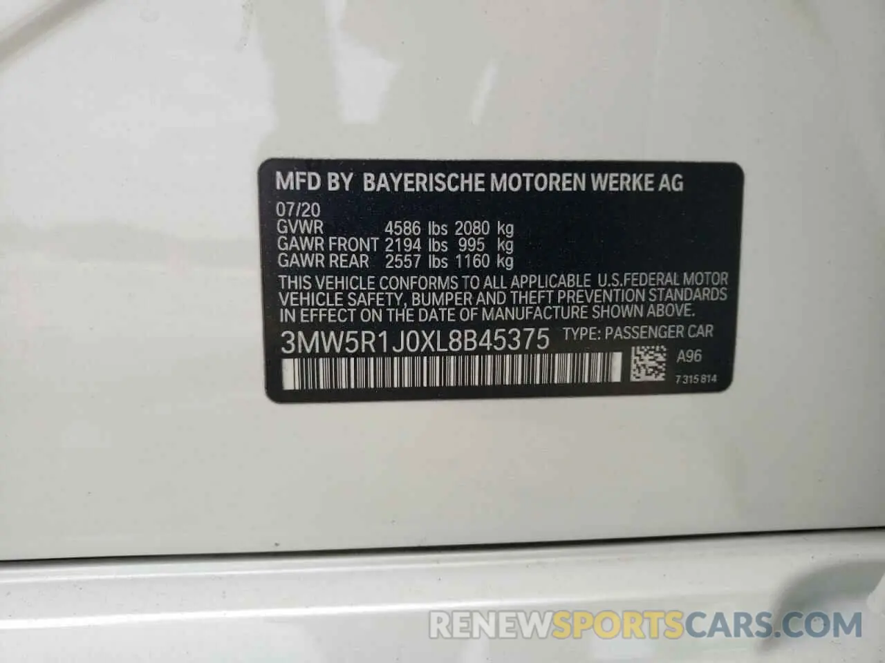 12 Photograph of a damaged car 3MW5R1J0XL8B45375 BMW 3 SERIES 2020