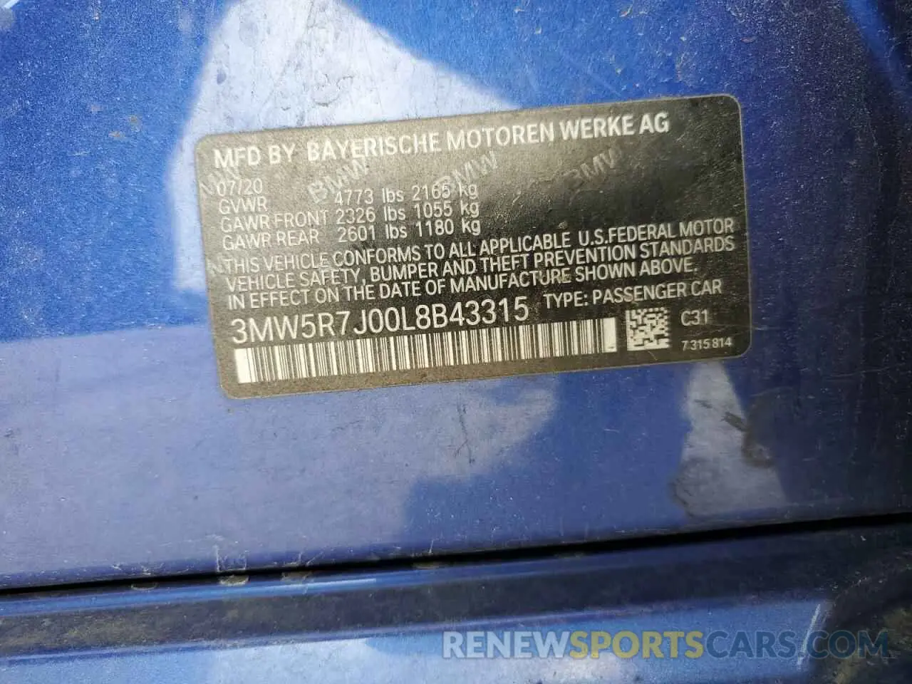 12 Photograph of a damaged car 3MW5R7J00L8B43315 BMW 3 SERIES 2020