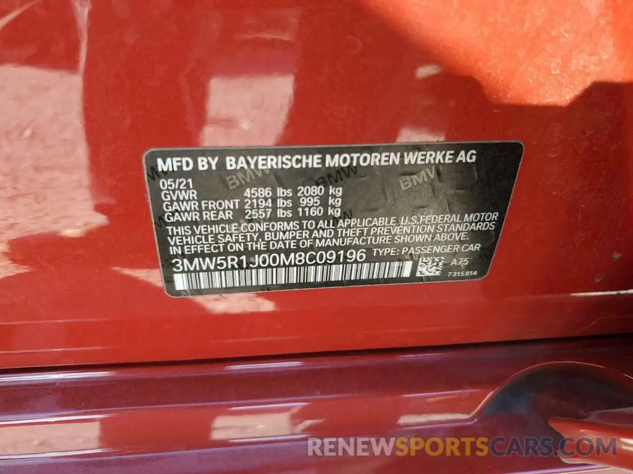 12 Photograph of a damaged car 3MW5R1J00M8C09196 BMW 3 SERIES 2021