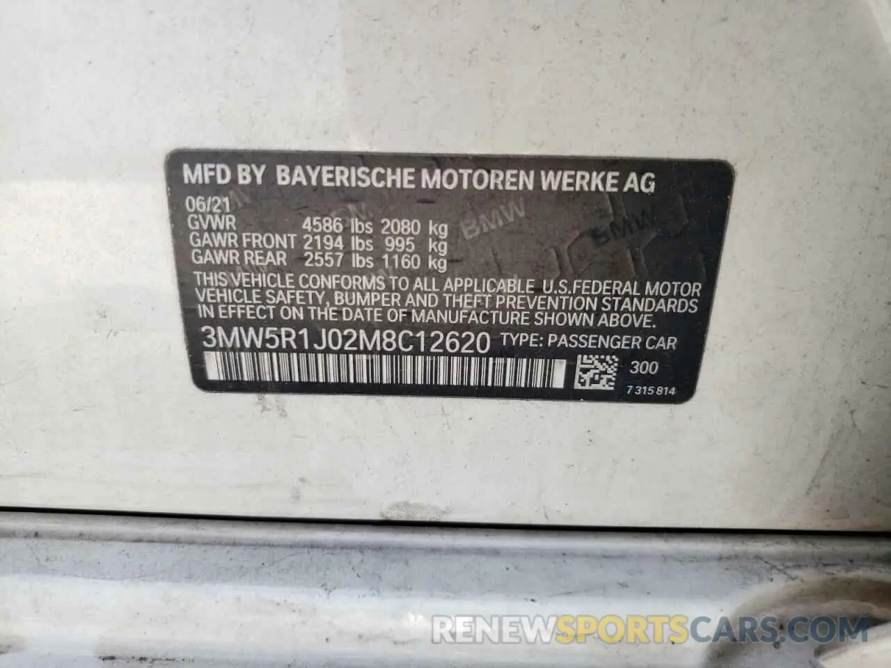 12 Photograph of a damaged car 3MW5R1J02M8C12620 BMW 3 SERIES 2021