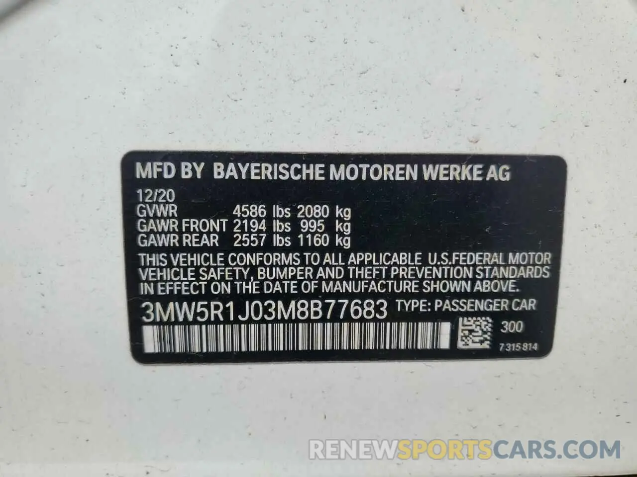12 Photograph of a damaged car 3MW5R1J03M8B77683 BMW 3 SERIES 2021