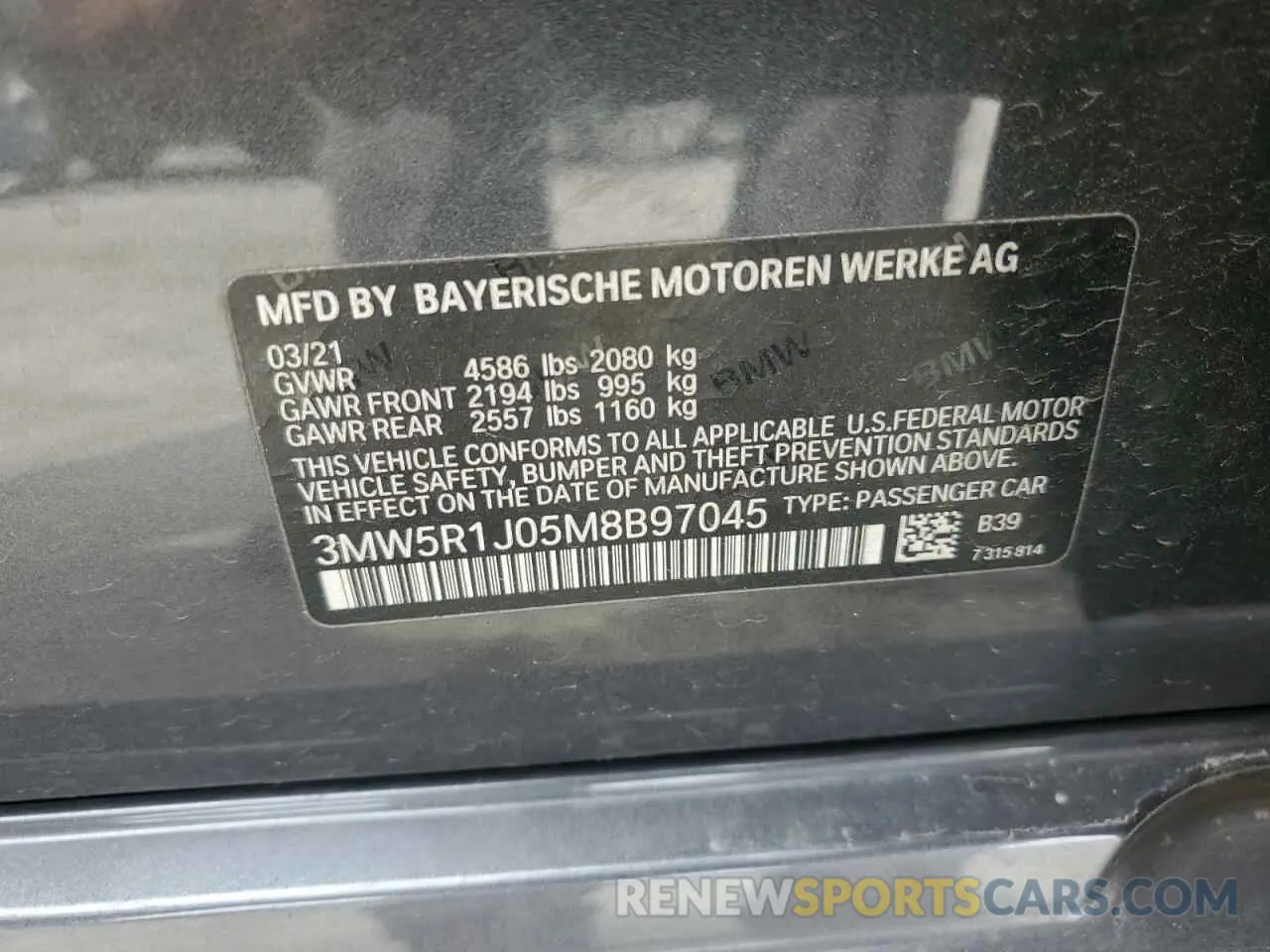 13 Photograph of a damaged car 3MW5R1J05M8B97045 BMW 3 SERIES 2021