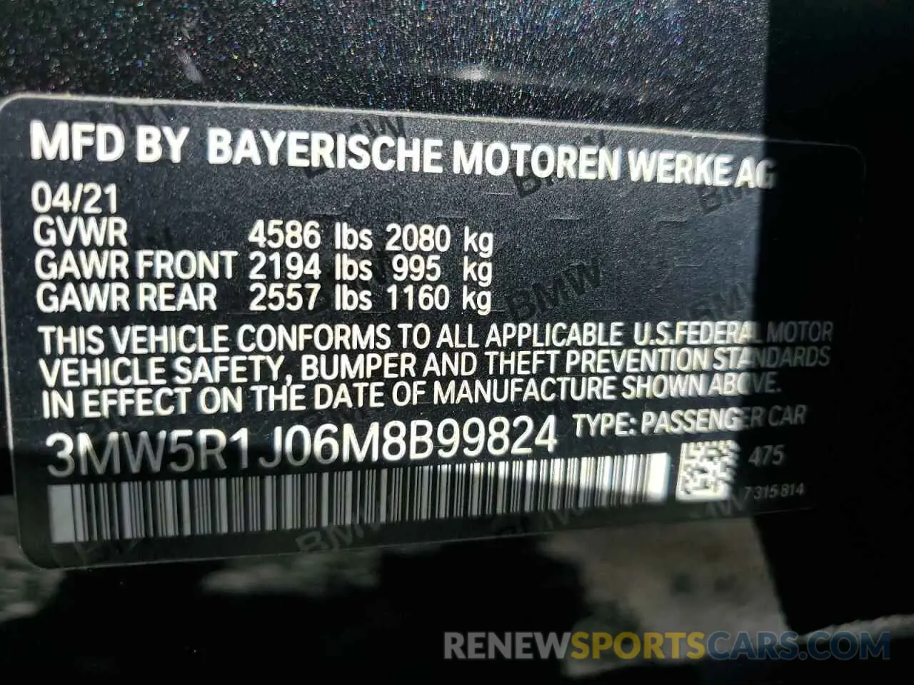 12 Photograph of a damaged car 3MW5R1J06M8B99824 BMW 3 SERIES 2021