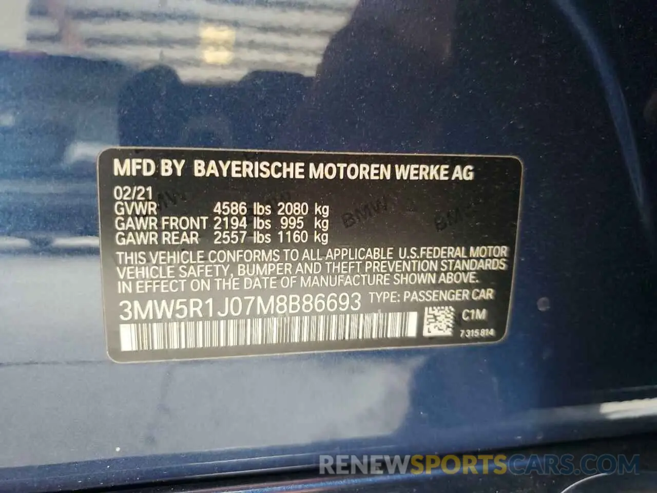 12 Photograph of a damaged car 3MW5R1J07M8B86693 BMW 3 SERIES 2021