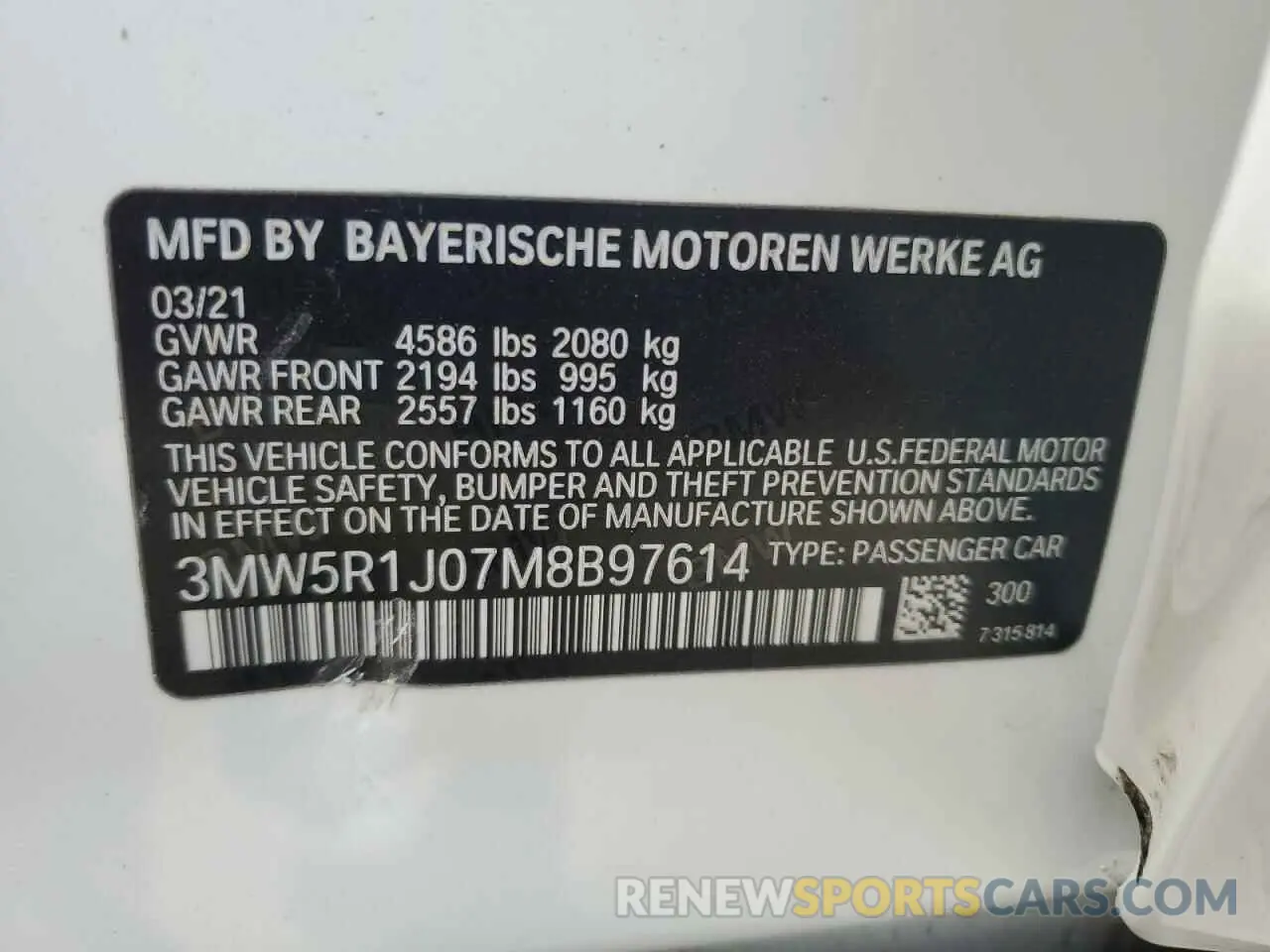 12 Photograph of a damaged car 3MW5R1J07M8B97614 BMW 3 SERIES 2021