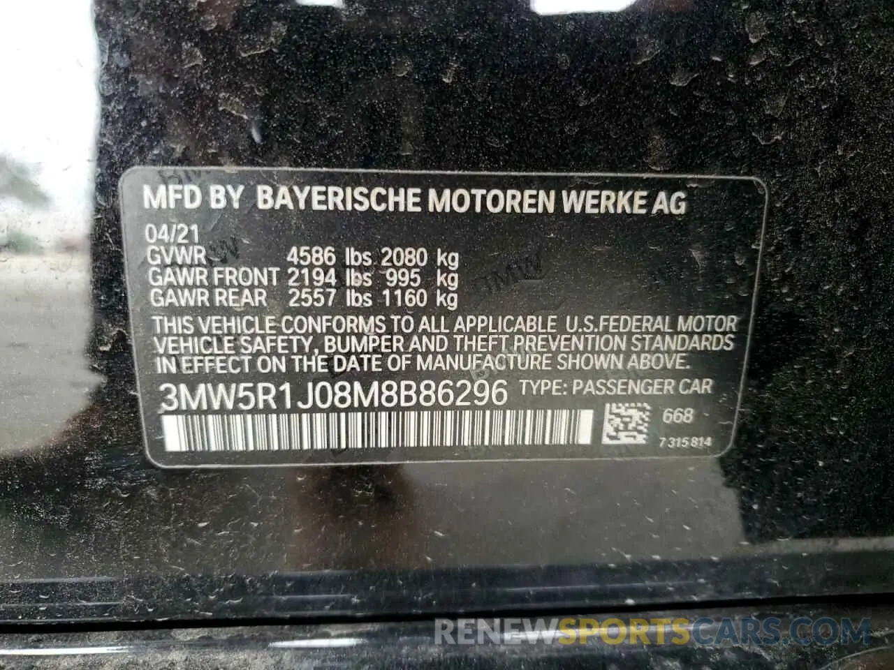 12 Photograph of a damaged car 3MW5R1J08M8B86296 BMW 3 SERIES 2021
