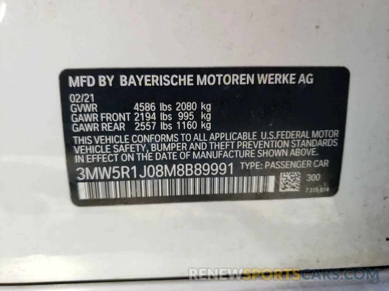 13 Photograph of a damaged car 3MW5R1J08M8B89991 BMW 3 SERIES 2021