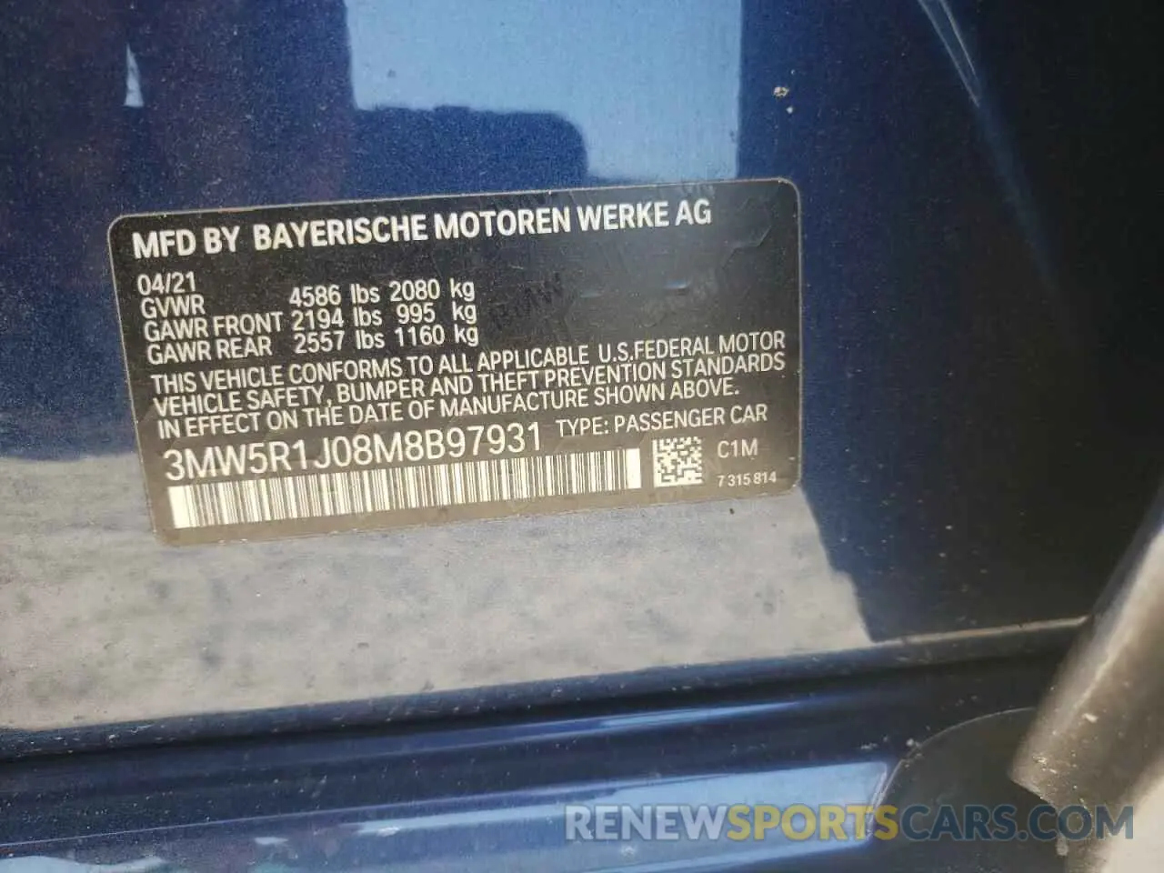 12 Photograph of a damaged car 3MW5R1J08M8B97931 BMW 3 SERIES 2021