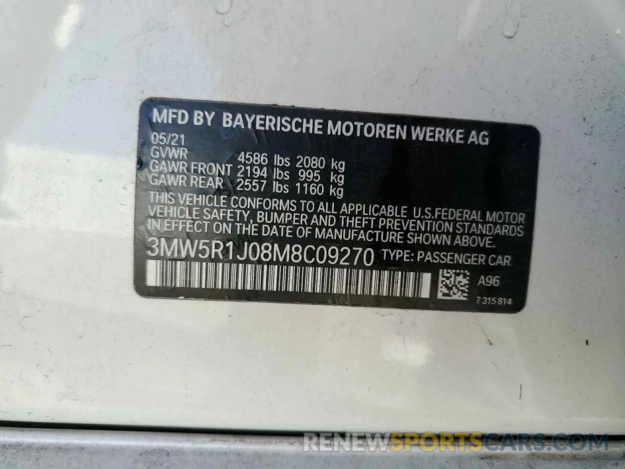 13 Photograph of a damaged car 3MW5R1J08M8C09270 BMW 3 SERIES 2021