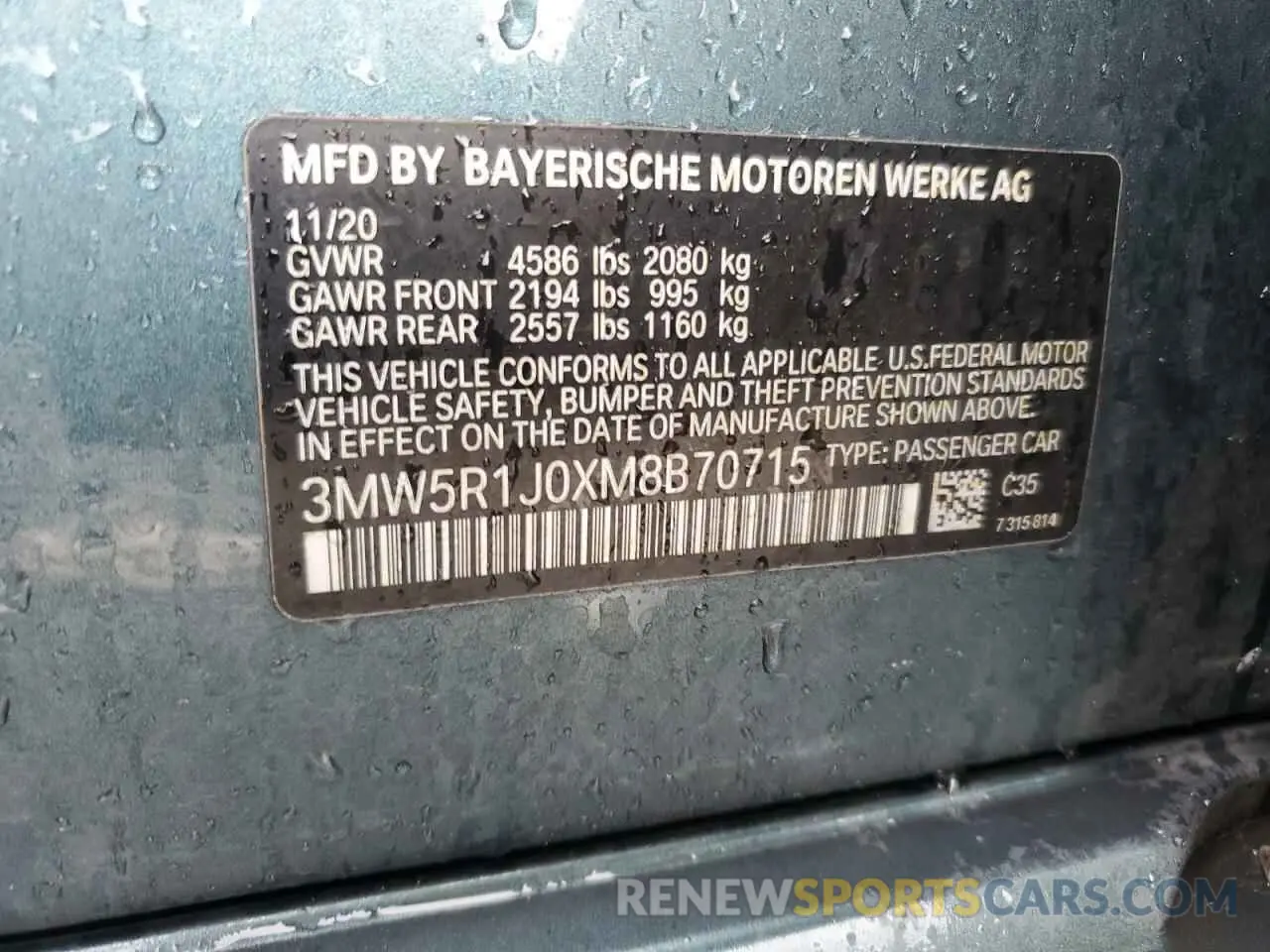12 Photograph of a damaged car 3MW5R1J0XM8B70715 BMW 3 SERIES 2021