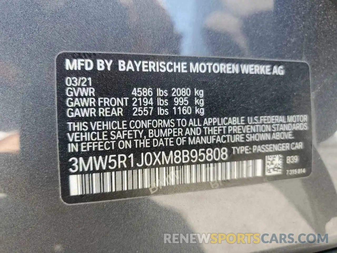 12 Photograph of a damaged car 3MW5R1J0XM8B95808 BMW 3 SERIES 2021